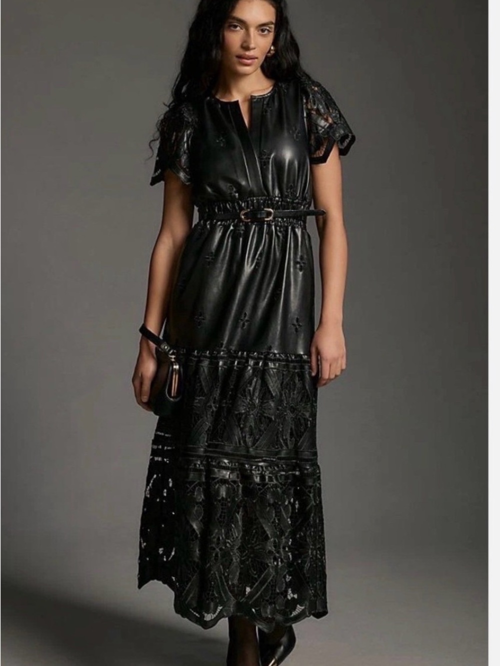 Black Faux Leather Anthropologie Lace-Trim Maxi Dress size Small NWT
